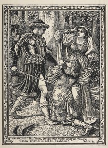 Scéna z filmu „Dva gentlemani z Verony“. Když Silvia vykřikne, Valentine vztekle vyskočí z křoví a prokleje Protea za jeho zradu od Walter Crane