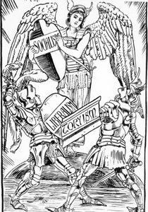 Alegorie Waltera Cranea: Socialismus tvrdě vítězí v boji mezi liberalismem a Torysmem (Anglická konzervativní strana). Rytina z konce 19. století. od Walter Crane