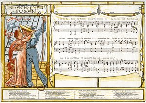 "Black-Eyed Susan", ilustrace písně z knihy "Pan-Pipes", A Book of Old Songs, Newly Arranged and with Accompaniments by Theo. Marzials, vydáno v Londýně nakladatelstvím George Routledge und Sons, 1884 (barevná lit.). od Walter Crane