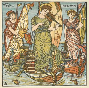 Barevná ilustrace pro „Viděl jsem tři lodě“. Tři ženy, jedna hraje na housle, stojící na lodích. od Walter Crane