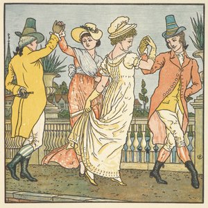 Barevná ilustrace pro „na mostě v Avignonu“. Dva tančící páry. od Walter Crane