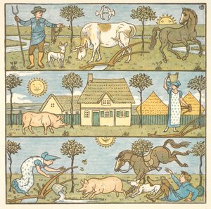 Barevná ilustrace pro „malou katastrofu“. Farmář, dojička a různá hospodářská zvířata. od Walter Crane