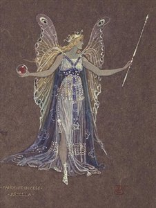 Kostýmní návrh pro princeznu vílu Ariella z filmu „Sněhulák“ (akvarel na hnědém papíře) od Walter Crane