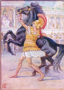 Rozběhl se ke koni a popadl uzdu, ilustrace z Příběhu Řecka, 30. léta 20. století od Walter Crane