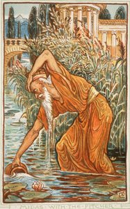 Midas se džbánem, ilustrace z knihy „Zázračná kniha pro dívky a chlapce“ od Nathaniela Hawthorna, 1852 od Walter Crane