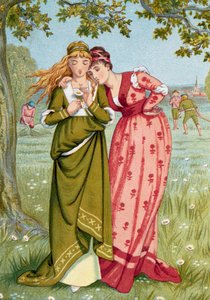 Středověk: "Miluje mě, nemiluje mě." Mladá dívka nechá kopretinu, aby zjistila, zda ji miluje muž, do kterého je zamilovaná. Ilustrace: Walter Crane (1845-1915) Soukromá sbírka od Walter Crane