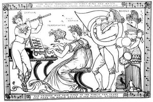 „Staří přátelé, kteří léta dýmali veřejnosti a přiměli svět tančit v jejích hudebních sférách“ (litho) (č/b foto) od Walter Crane