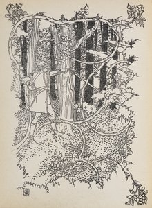 Princ Charming si prosekává cestu zarostlým lesem k Šípkové Růžence. od Walter Crane