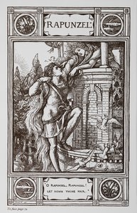 Rapunzel se vyklání z okna věže, zatímco princ šplhá po jejích vlasech. od Walter Crane