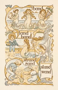 Rýmovaná slova končící na písmeno D. Mořské panny. Děti staví hrady z písku na pláži. Zlatý základ. od Walter Crane
