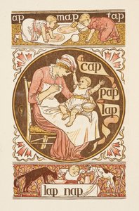 Rýmovaná slova končící na písmeno P. Ilustrace zobrazující ženu krmící dítě. Zlatý základ. od Walter Crane