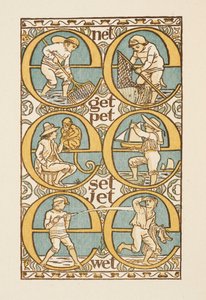 Rýmovaná slova ilustrující použití písmene E. The Golden primer. od Walter Crane