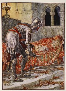 Sir Lancelot v kapli Nebezpečný, z „Příběhů rytířů kulatého stolu“ od Henryho Gilberta, první vydání, 1911 od Walter Crane