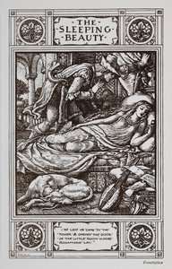 Šípková Růženka spí obklopená spícím psem a hudebním nástrojem, zatímco na ni dohlíží princ Charming. od Walter Crane