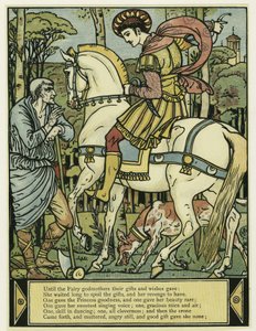 Princ se ptá na cestu v hospodě The Blue Beard Picture Book. 1879 (barevné lito) od Walter Crane