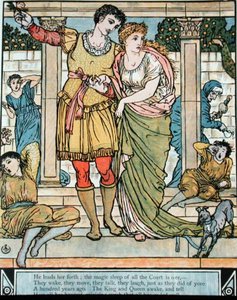 Princ zachraňuje princeznu, ilustrace k filmu "Šípková Růženka" od Charlese Perraulta (1628-1703) (barevná rytina) od Walter Crane
