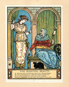 Princezna se učí točit, z The Blue Beard Picture Book, hospoda. 1879 barevná litografie, 1879. od Walter Crane