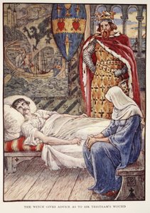 Čarodějnice dává rady ohledně zranění sira Tristrama z „Příběhů rytířů kulatého stolu“ od Henryho Gilberta, první vydání, 1911 od Walter Crane