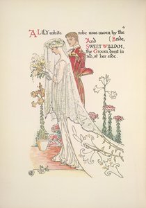 Nevěsta a ženich. Liliově bílé roucho, které nosila nevěsta, a sladký ženich William, oblečený v červeném od Walter Crane