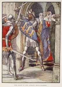Boj v královnině předsíni, z „Příběhů rytířů kulatého stolu“ od Henryho Gilberta, první vydání, 1911 od Walter Crane