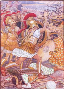 Obrovskou silou narazili do perské armády, ilustrace z Příběhu Řecka, 30. léta od Walter Crane