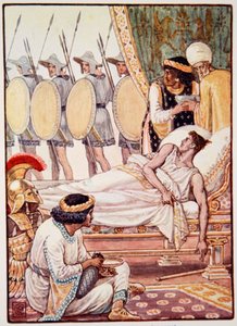 S námahou si je prohlížel, když míjeli, ilustrace z „Příběhu Řecka“ od Mary Macgregor, 1. vydání, 1913 (barevný tisk) od Walter Crane