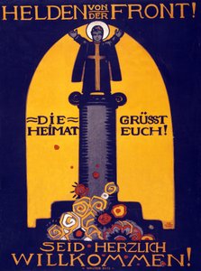 Německý plakát z první světové války Hrdinové z fronty, Vlast vás zdraví! Vítaná hospoda. 1915 (barevná litografie)