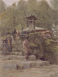 "Přístup k venkovské svatyni", ilustrace k "Japonsku a Japoncům", hospoda. od Methuena od Walter Frederick Roofe Tyndale