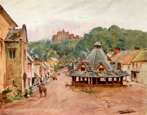 Hrad Dunster a trh s přízí (barevné lito) od Walter Frederick Roofe Tyndale