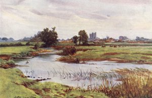 Wessex: Stour, v dálce Wimborne Minster (barevná litografie) od Walter Frederick Roofe Tyndale