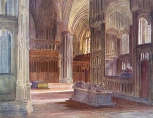Wessex: (barevná litografie): retro-chór, Winchester Catherdral, se zpěvníky kardinála Beauforta a biskupa Waynflete (barevná litografie) od Walter Frederick Roofe Tyndale