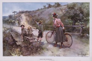 Poradenské úřady: žena na projížďce na kole a ptá se skupiny dětí na cestu (barva litho) od Walter Granville Smith