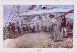 In Mid-Ocean: pasažéři si užívají hru shuffleboard na palubě lodi (barva litho)
