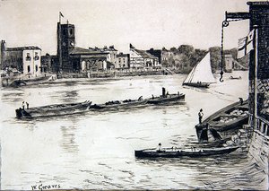 Starý kostel Chelsea z Battersea (kontura a wash na papíře) od Walter Greaves