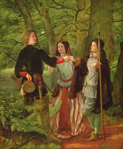Jak se vám líbí – dějství IV, scéna I – Rosalind doučování Orlanda v obřadu manželství aneb Falešný sňatek Orlanda a Rosalind, 1850 od Walter Howell Deverell