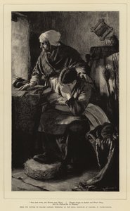 Muži musí pracovat a ženy plakat, i když bouře jsou náhlé a vody hluboké a přístavní bar sténá od Walter Langley