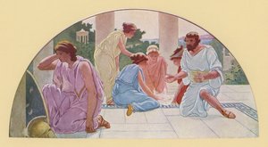 Achilles v převleku za školačku objevený Odysseem (barevná litografie)