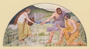 Prométheus varuje Epiméthea před Pandorou (barevná litografie)
