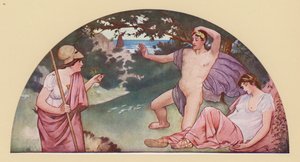 Theseus na příkaz Minervy opouští spící Ariadnu (barevná litografie)