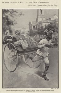 Britský námořník a voják projíždějící se v rikši ulicemi Durbanu během klidu v bojích v búrské válce (litho) od Walter Paget