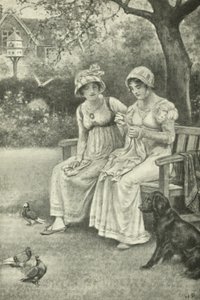 Jane Austen, šití, se svou sestrou Cassandrou v zahradě fary (litho)