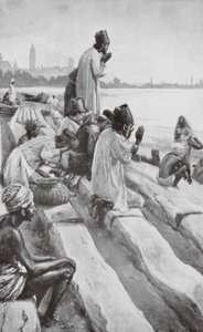Parsové uctívající vycházející slunce na pláži v Bombaji (litografie) od Walter Paget