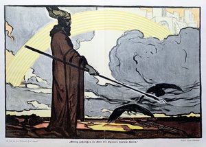 Odin se svými dvěma vránami, Huginem (myšlenka) a Muninem (paměť). od Walter Puttner