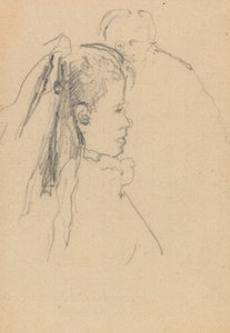 Hlava a poprsí dívky z profilu vpravo, hlava muže, celá vpředu, vzadu (grafit na papíře) od Walter Richard Sickert