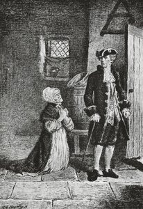 Elspeth ja Lord Glenallan, kuvitus antikvariaatille, Walter Scottin (1771-1832) historiallinen romaani, kaiverrus od Walter Scott