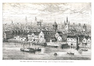 The Steel Yard Iron Wharf and Neighborhood v roce 1540. Na břehu řeky, 1878