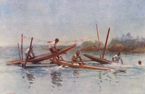 Nový Zéland: Kanoistický závod s překážkami (barevná litografie)