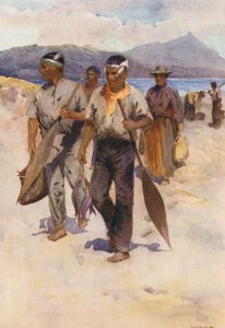 Nový Zéland: Maorská rybářská výprava (barevná litografie)