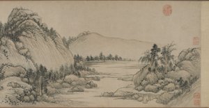 Bydlení v horách Fuchun po Huang Gongwang, dynastie Qing, 1672 (inkoust a barva na papíře)