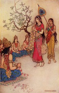 Damatanti Choosing a Husband, ilustrace z „Indického mýtu a legendy“ od Donalda A. Mackenzieho, vydané v roce 1913 od Warwick Goble